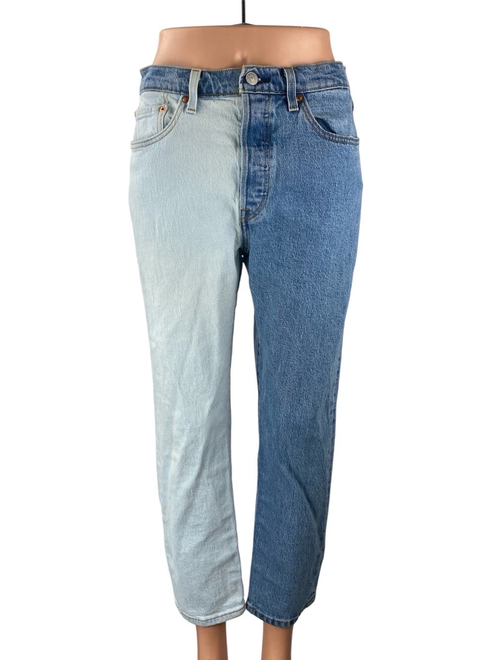 Levi's 501 Women's Blue Coloblock Patchwork Straight High Rise Denim Jeans Sz 28
